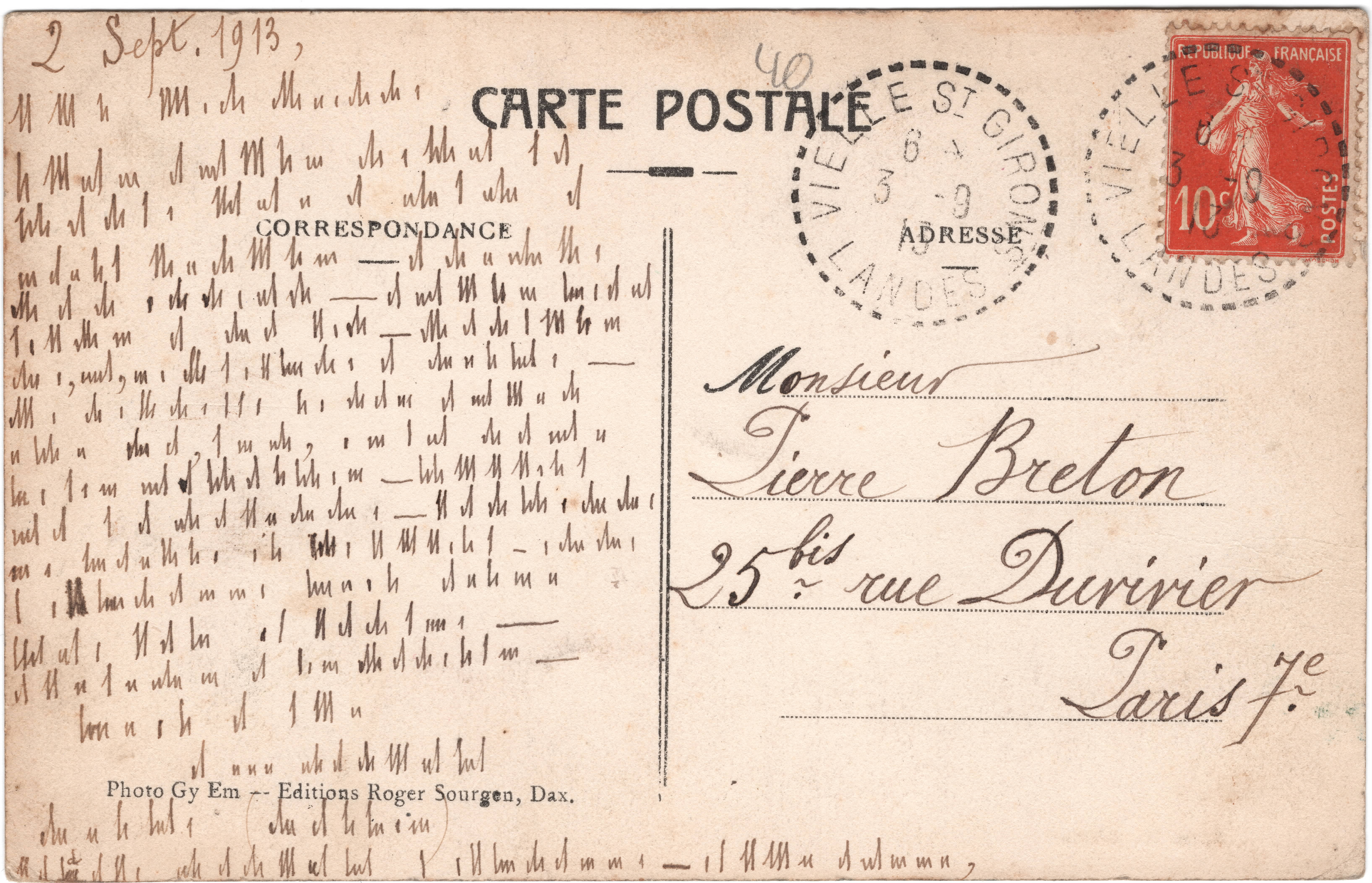 Verso d’une carte postale datée du 2 septembre 1913 et dont le texte est entièrement chiffré avec des symboles bâtons